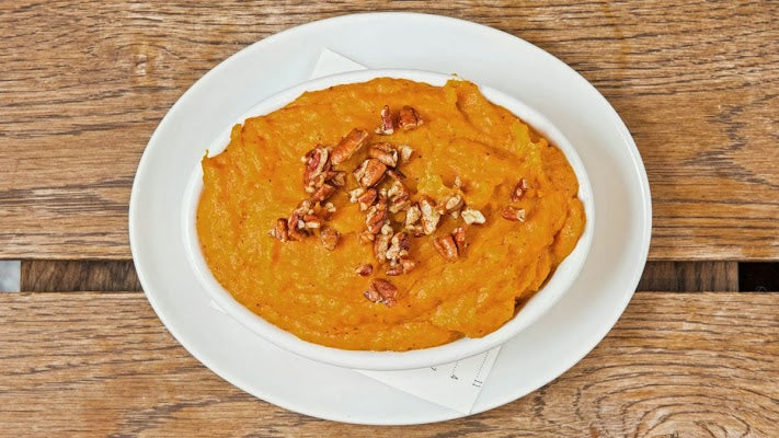 Maple Mashed Sweet Potatoes w/ Spiced Pecans